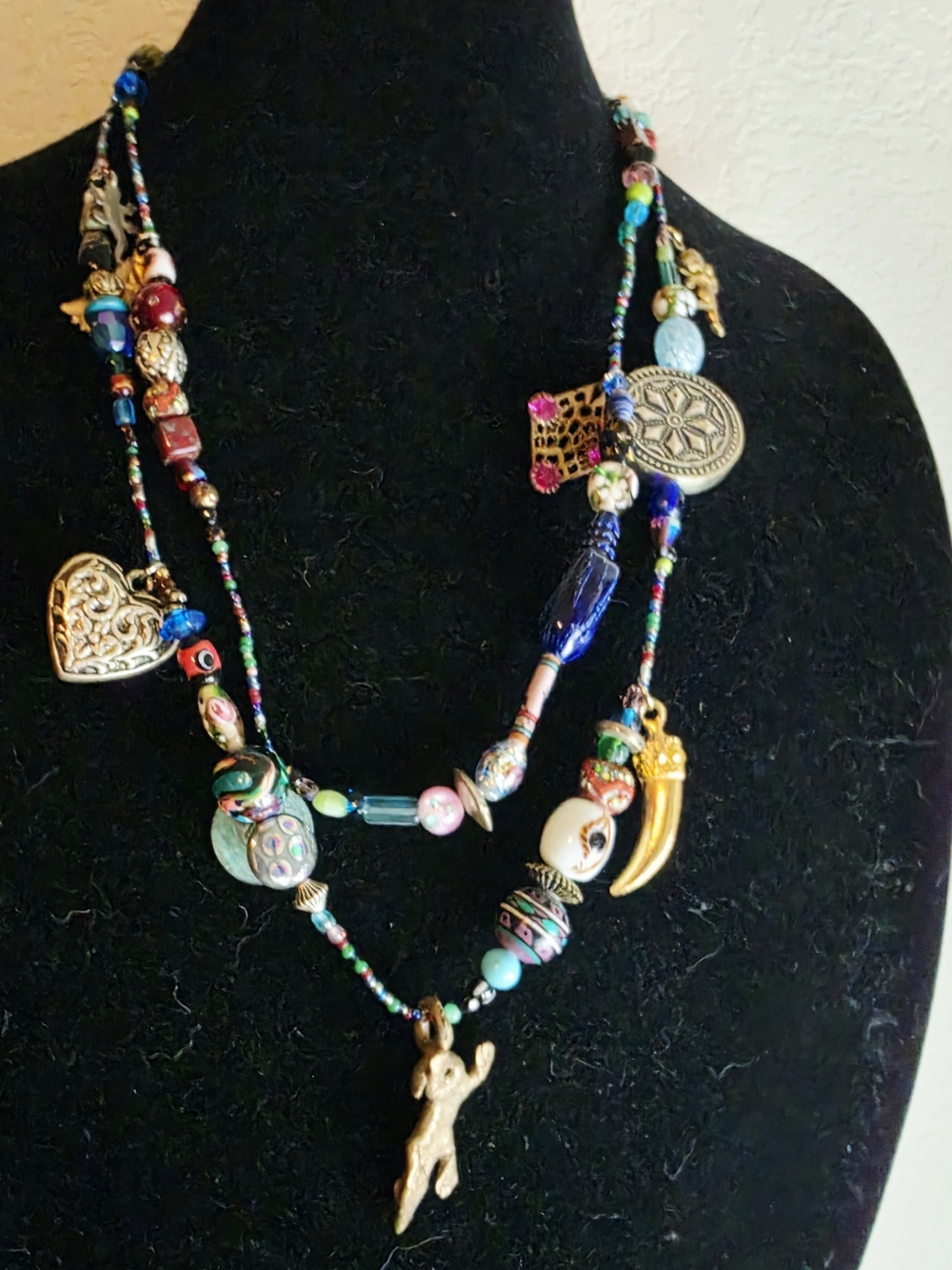 Vtg Boho Maximalist Assemblage Charm Necklace Multi Glass Bead Layered Talisman